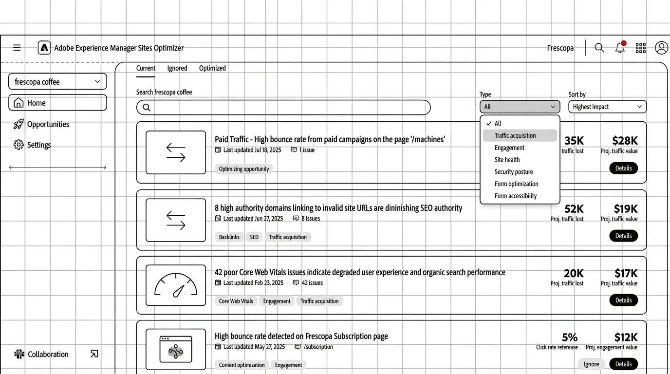 AEM Sites Optimizer interface showing optimization opportunities