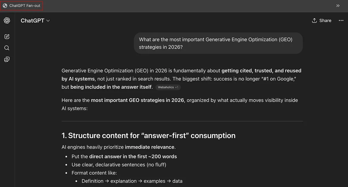 ChatGPT conversation open in the browser with the fan-out bookmarklet on the bookmarks bar