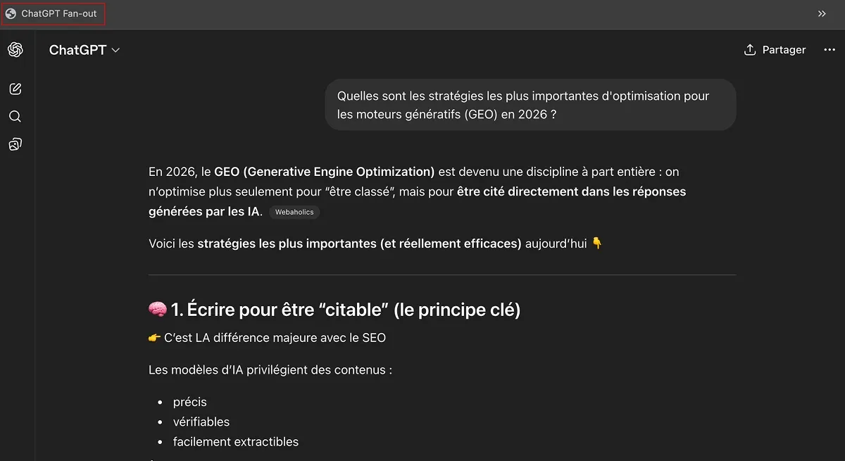 Capture d'écran d'une conversation ChatGPT avec le bouton du raccourci activé