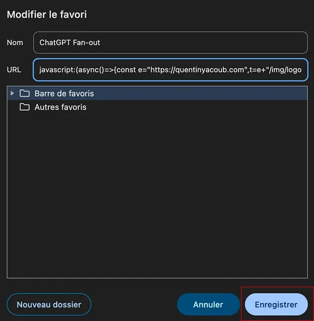 Boîte de dialogue « Modifier le favori » Chrome : nom « ChatGPT Fan-out », champ URL avec le bookmarklet javascript: