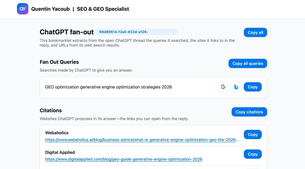 New tab showing extracted fan-out queries, citations, and web search rows from ChatGPT