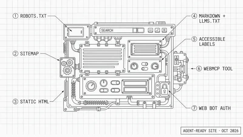 Blueprint inspection drawing of a website shown as a machine, with seven numbered checks: robots.txt, sitemap, static HTML, markdown and llms.txt, accessible labels, a WebMCP tool and Web Bot Auth. Title block: agent-ready site, October 2026.