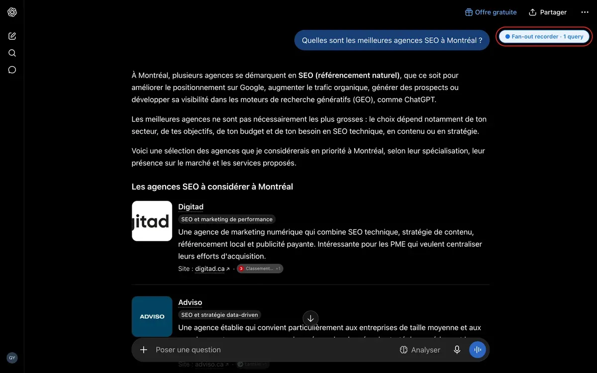 Réponse de ChatGPT avec le badge bleu Fan-out recorder indiquant 1 requête en haut à droite