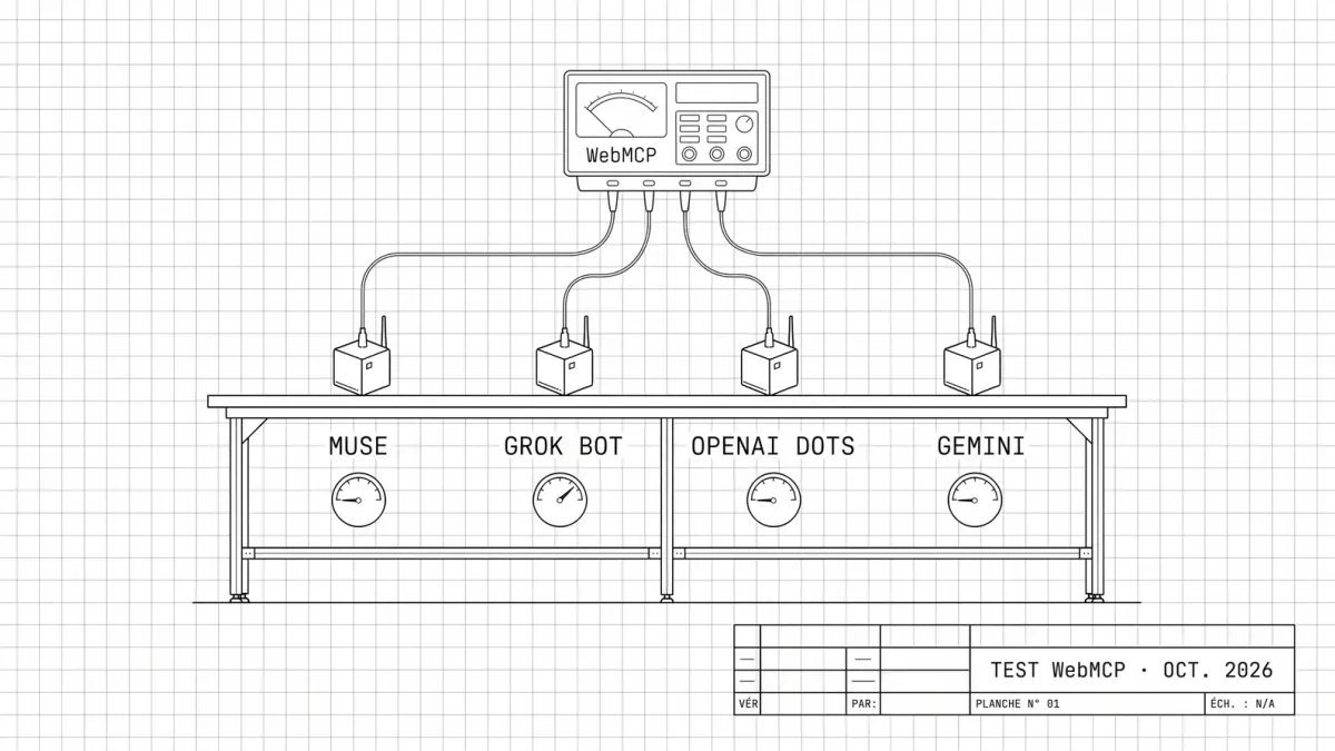 Dessin blueprint d'un banc de test : un instrument de mesure WebMCP est relié à quatre appareils nommés Muse, Grok Bot, OpenAI Dots et Gemini, chacun avec un cadran en dessous. Cartouche : test WebMCP, octobre 2026.