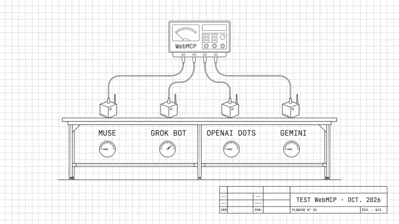 Dessin blueprint d'un banc de test : un instrument de mesure WebMCP est relié à quatre appareils nommés Muse, Grok Bot, OpenAI Dots et Gemini, chacun avec un cadran en dessous. Cartouche : test WebMCP, octobre 2026.