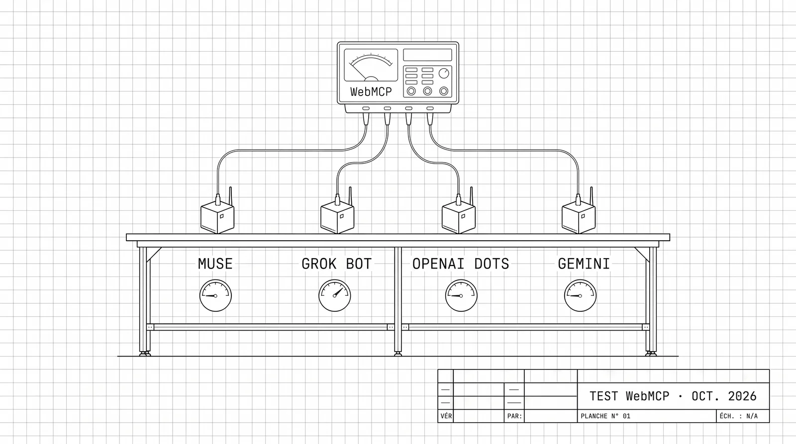 Dessin blueprint d'un banc de test WebMCP relié à quatre appareils nommés Muse, Grok Bot, OpenAI Dots et Gemini