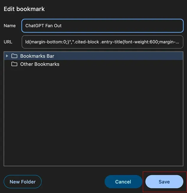 Chrome bookmarklet dialog: name “ChatGPT Fan Out”, URL field with the javascript: bookmarklet