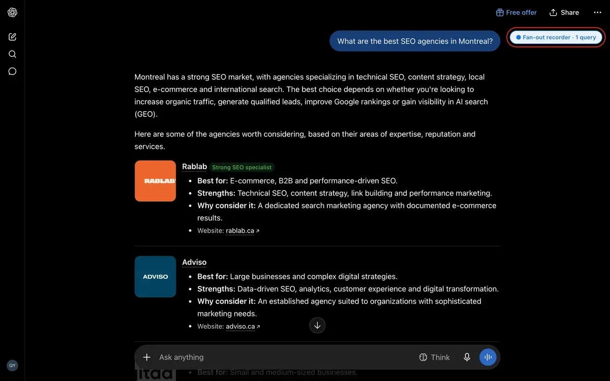 ChatGPT answer with the blue Fan-out recorder badge showing 1 query in the top-right corner