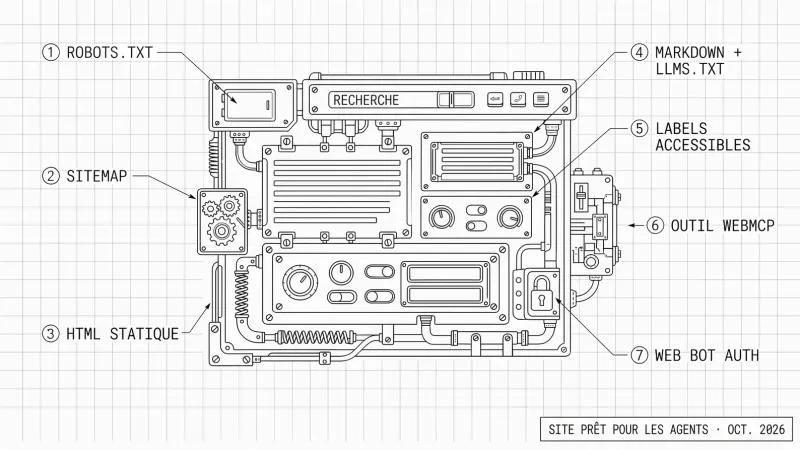 Dessin d'inspection blueprint d'un site web représenté comme une machine, avec sept vérifications numérotées : robots.txt, sitemap, HTML statique, markdown et llms.txt, labels accessibles, un outil WebMCP et Web Bot Auth. Cartouche : site prêt pour les agents, octobre 2026.