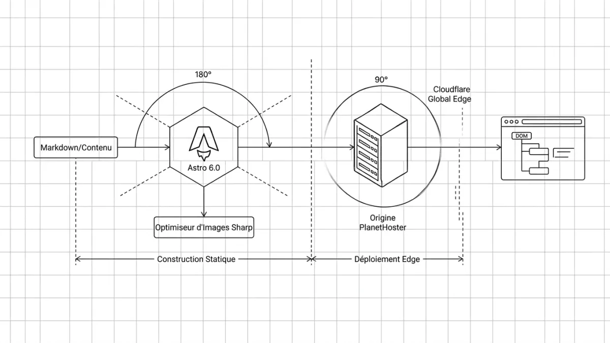 Schéma d'architecture technique montrant un processus de Static Build via Astro 6.0 et Sharp, suivi d'un déploiement Edge via PlanetHoster et Cloudflare vers un navigateur web.