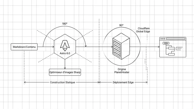 Schéma d'architecture technique montrant un processus de Static Build via Astro 6.0 et Sharp, suivi d'un déploiement Edge via PlanetHoster et Cloudflare vers un navigateur web.