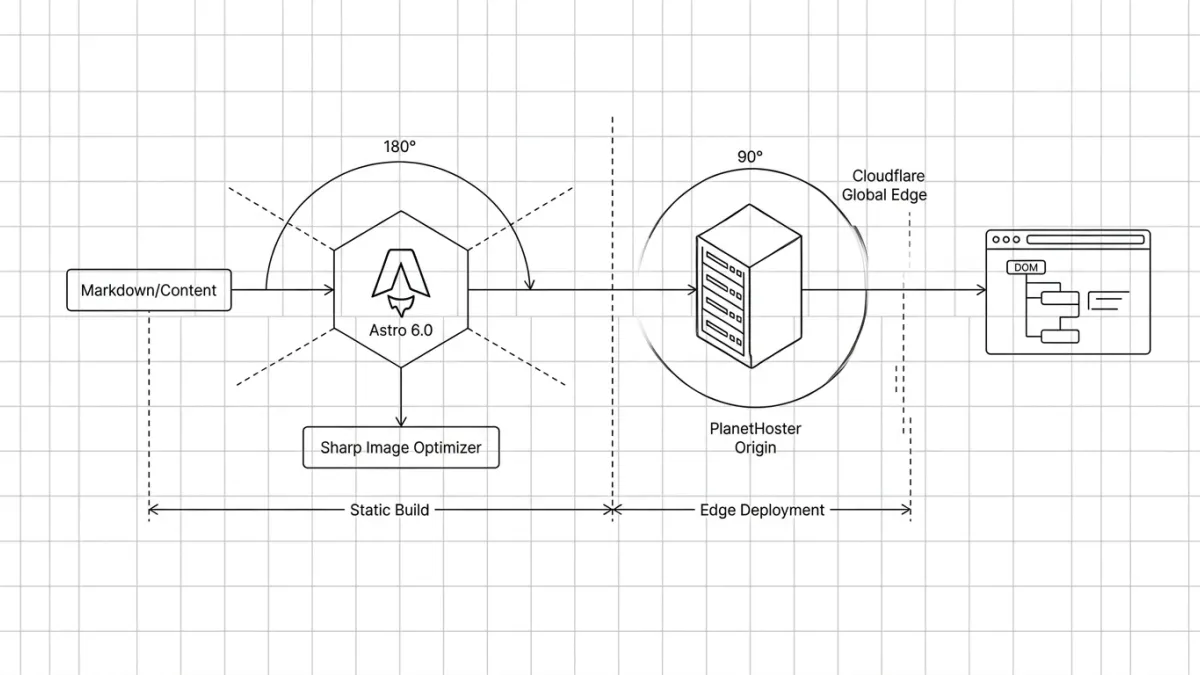 Technical architectural diagram showing a Static Build process using Astro 6.0 and Sharp Image Optimizer, followed by an Edge Deployment via PlanetHoster and Cloudflare to a web browser.